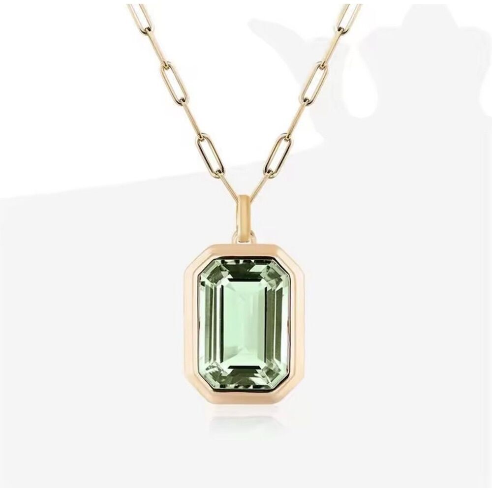 Green 18K Gold Plated Paperclip Necklace Emerald Cut Pendant Trendy Chic - Picture 2 of 4